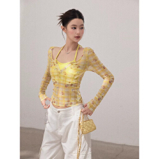 批发美式辣妹风碎花格纹长袖T恤女秋<b class='q'>冬</b>新款时尚百搭修身显瘦上衣ins潮