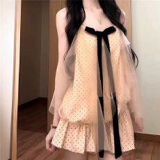 批发一眼惊艳慵懒风超仙气质仙女大码<b class='q'>网纱</b>波点吊带连衣裙夏日漂亮女潮