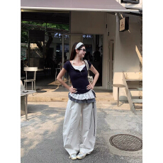 批发韩版白色高腰弯刀裤女系带花边可拆屁帘阔腿裤<b class='q'>休闲裤</b>显瘦裤子A315
