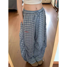 批发美式hiphop蓝色弯刀伞兵格子裤女夏季设计感嘻哈kpop阔腿运动<b class='q'>裤子</b>