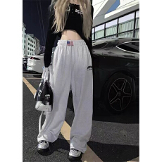 批发美式复古高街阔腿运动裤子女春秋<b class='q'>新款</b>高腰显瘦设计感休闲长裤