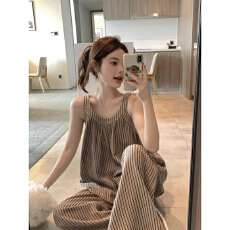 批发带胸垫甜美条纹小清新家居服套装可外穿ins风夏季新款韩版睡衣女