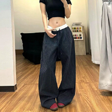 批发美式复古格子阔腿<b class='q'>休闲</b>裤女夏季薄款松紧腰慵懒卫裤宽松直筒运动裤
