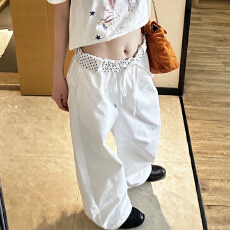 批发美式波点腰头拼接<b class='q'>休闲</b>阔腿裤女2026夏季新款街头松紧白色垂感裤子
