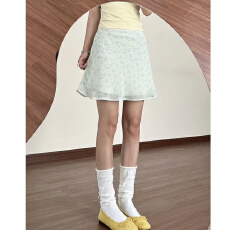 批发法式绿色碎花高腰a字半身裙女<b class='q'>夏</b>季雪纺裙百搭显瘦短裙