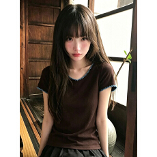 批发2026年新款撞色圆领<b class='q'>贝壳</b>边短袖T恤女夏季极简风日常通勤小众上衣