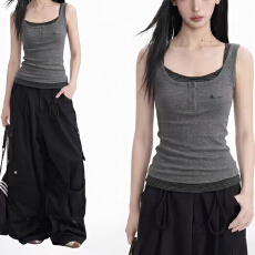 批发美式灰色假两件条纹工字吊带背心女夏遮副乳无袖外穿内搭打底上衣