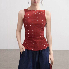 批发红色波点无袖吊带背心女夏外穿内搭打底遮副乳工字美背设计感上衣