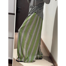 批发法式高级感抹茶绿色条纹睡裤女可外出遛弯裤夏天亲肤大码甜美长裤