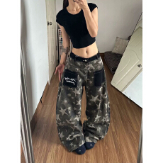 批发美式复古星星印花迷彩弯刀牛仔<b class='q'>裤</b>女夏季<b class='q'>新款</b>宽松百搭休闲阔腿长<b class='q'>裤</b>