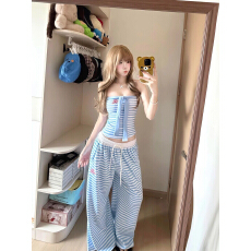 批发美式复古辣妹条纹绑带字母刺绣女夏宽松阔腿长裤休闲裤