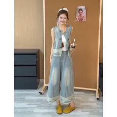 批发牛仔马甲套装女夏季2026新款爆款巨好看蕾丝拼接九分阔腿裤两件套