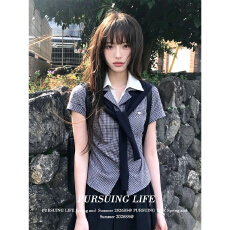 批发韩系假两件短袖衬衫女夏季穿搭学院风披肩格纹衬衣<b class='q'>修身</b>显瘦上衣潮