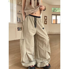 批发【速干】美式工装裤复古双腰夏季卡其色阔腿爵士跳舞宽松刺绣<b class='q'>长裤</b>