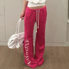 批发甜辣火龙果色喇叭运动裤女小个子高腰显腿长宽松慵懒风休闲卫裤