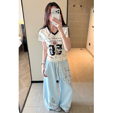 批发夏季女新款拼接撞色腰头休闲直筒裤美式波点音符宽松百搭阔腿长裤