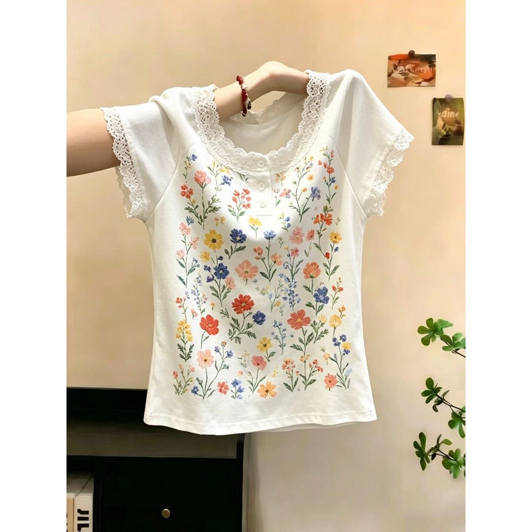 BY28391# 纯棉大码韩系蕾丝拼接短袖t恤女春夏新款宽松显瘦时尚上衣女 服裝批發女裝批發服飾貨源