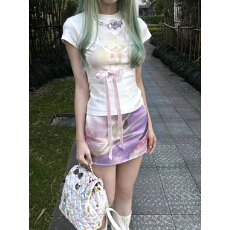 批发甜美印花蝴蝶结立体短袖<b class='q'>纯棉</b><b class='q'>T</b><b class='q'>恤</b>夏季新款修身显瘦正肩圆领上衣潮