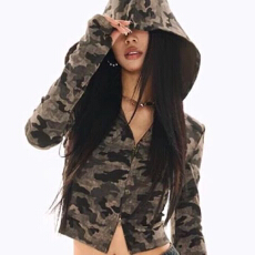 批发美式辣妹迷彩长袖连帽<b class='q'>外套</b>女装秋冬独特别致<b class='q'>修身</b>显瘦拉链短款上衣