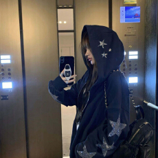 批发美式hiphop星星烫钻新款连帽卫衣秋冬薄款<b class='q'>宽松</b>拉链上衣开衫外套