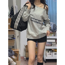 批发纯棉美式通勤早秋新款高级感百搭卫衣斜肩别致绝美长袖上衣女