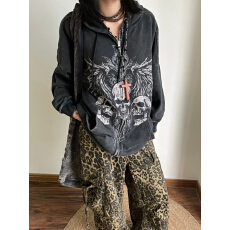批发暗黑 Y2K哥特风秋冬美式复古骷髅印花拉链连帽衫加绒小众卫衣<b class='q'>外套</b>