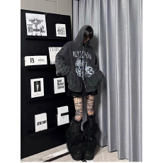 批发oversize暗黑玫瑰与骷髅朋克印花男女加绒炒色做旧拉链卫衣<b class='q'>外套</b>潮