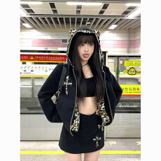 批发甜酷辣妹复古时髦套装女秋冬ins假两件豹纹连帽外套+高腰半身<b class='q'>短裙</b>