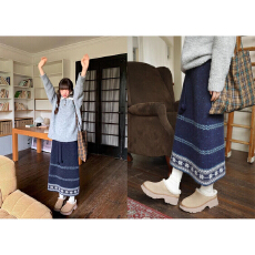 批发你好 毛球绑带雪花提花针织<b class='q'>半身裙</b>女冬季高腰直筒休闲长裙子洋气