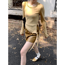 批发法式复古<b class='q'>不规则</b>圆领长袖T恤女秋季新款设计感小众别致打底衫上衣