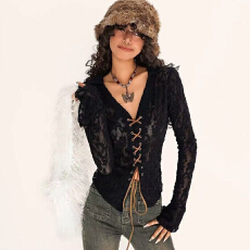 批发奶酷墨莉废土风复古蕾丝衬衫女春夏抽绳系带设计辣妹内搭打底上衣