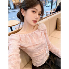 批发2026春季法式淑女风<b class='q'>蕾丝</b>一字领长袖上衣女修身荷叶边气质百搭衬衫