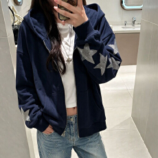 批发国潮牌设计感个性星星烫钻连帽<b class='q'>外套</b>女秋季宽松拉链藏青色气质上衣