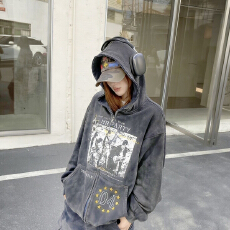 批发美式复古印花水洗做旧vintage连帽开衫<b class='q'>外套</b>男女宽松街头拉链卫衣