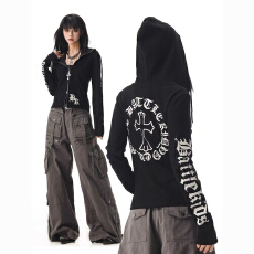 批发朋克美式复古辣妹印花连帽卫衣女秋季显瘦哥特风双拉链开衫<b class='q'>外套</b>潮