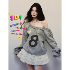 批发浅花灰美式斜肩卫衣女2026年春秋款绑带贴布绣花宽松套头上衣ins