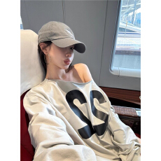 批发美式复古字母印花卫衣女早秋慵懒风休闲宽松oversize斜肩套头上衣