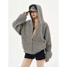批发美式复古韩系连帽卫衣女<b class='q'>外套</b>秋季慵懒风宽松条纹撞色开衫百搭上衣