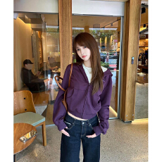 批发韩版紫色时尚连帽卫衣开衫女秋季<b class='q'>修身</b>显瘦小个子休闲短款拉链外套
