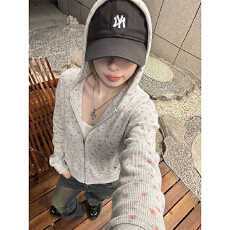 批发韩系小碎花印花灰色外套女秋季新款百搭气质显瘦开衫连帽卫衣上衣