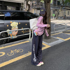 批发美式蓝灰哥特字母印花<b class='q'>休闲</b>裤女秋季新款宽松垂感跳舞运动阔腿卫裤