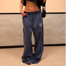 批发美式复古字母印花抽绳宽松卫裤男女新款设计街头<b class='q'>休闲</b>阔腿裤子