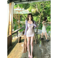 批发紫笺花信甜辣风碎花吊带<b class='q'>连衣裙</b>女夏季新款修身显瘦气质包臀裙套装