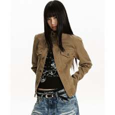 批发美式<b class='q'>街头</b>斜门襟设计感立领牛仔外套女2026春秋修身短款工装夹克潮