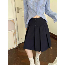 批发排扣设计感宽褶百褶裙女夏季<b class='q'>新款</b>高腰a字裙大码胖mm藏青色<b class='q'>半身裙</b>
