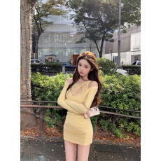 批发纯欲风新款设计感辣妹蕾丝拼接假两件<b class='q'>修身</b>显瘦百搭短款包臀连衣<b class='q'>裙</b>