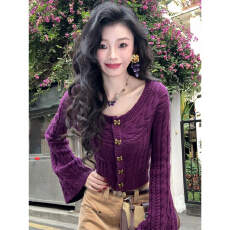 批发法式温柔风紫色绞花蝴蝶结扣毛衣女2026<b class='q'>新款</b>早秋季巨好看内搭上衣