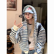 批发美式复古设计感撞色条纹开衫连帽卫衣女春秋休闲时尚<b class='q'>百搭</b>外套潮