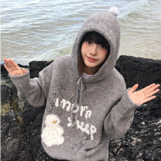 批发oversize!慵懒风灰色卡通连帽毛衣女秋冬新款韩版宽松学生针织衫