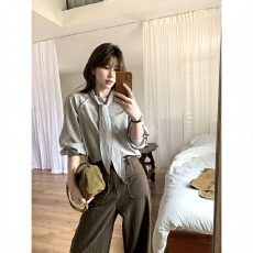 批发独特复古灰绿气质显白系带<b class='q'>衬衫</b>女秋季新款慵懒设计感宽松显瘦上衣